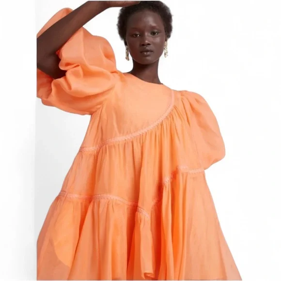 Aje Riviera Asymmetric Braided Puff Sleeve Dress Mandarin Orange 4 NWOT